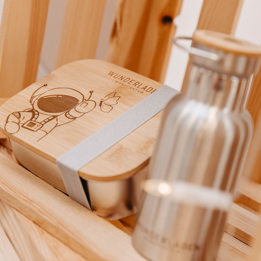 Brotdose & Trinkflasche Set | Edelstahl mit Bambus | ASTRONAUT